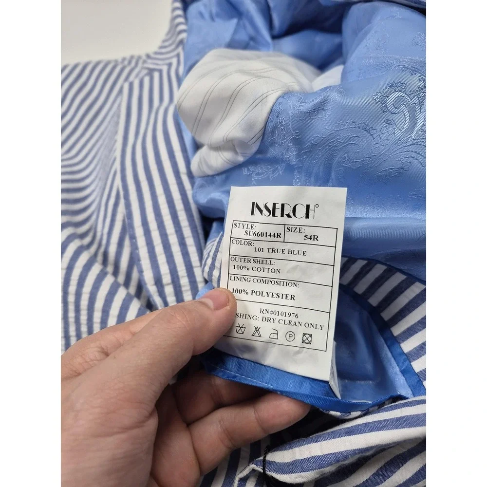 Inserch Suit Mens 54 Blue 100% Cotton Stripe Seersucker 2 Piece 48x36 NWT